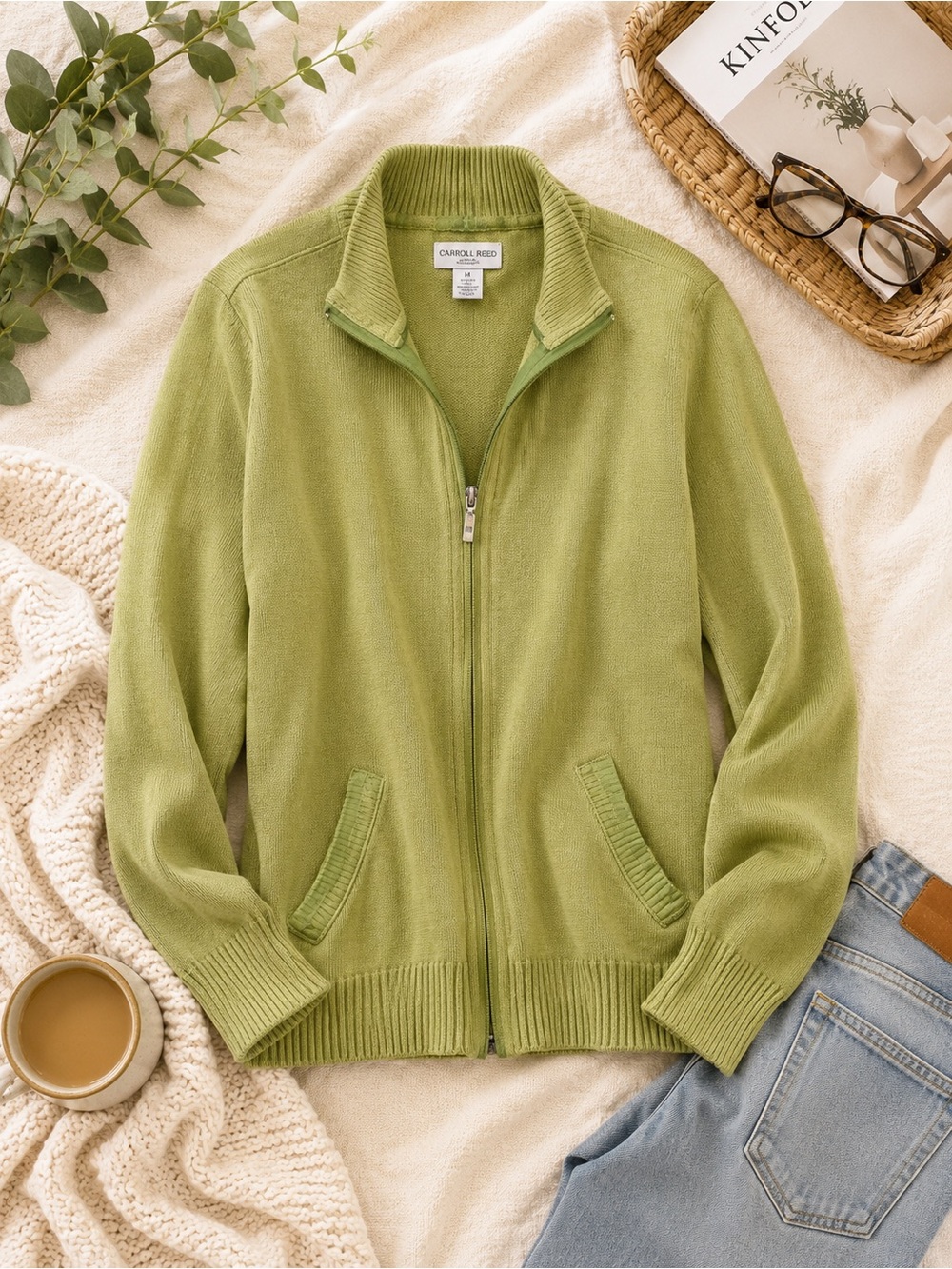Carroll Reed Pistachio Green Zip Up Knit Sweater Jacket Medium